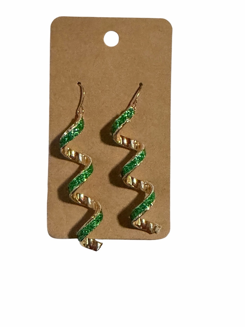 Gold Spiral Drop Earrings with Green Accent